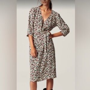 BA&SH Elen Ecru V Neck Midi Sleeve Midi Wrap Dress Small